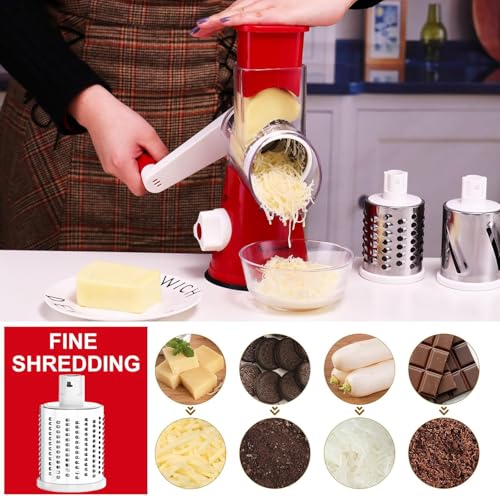 Image of Rotary Cheese Grater Shredder Chopper Round Tumbling Box Mandoline Slicer Nut Grinder for Vegetable, Hash Brown, Potato with 3 Sharp Drums Blades and Strong Suction Base by Valuetool