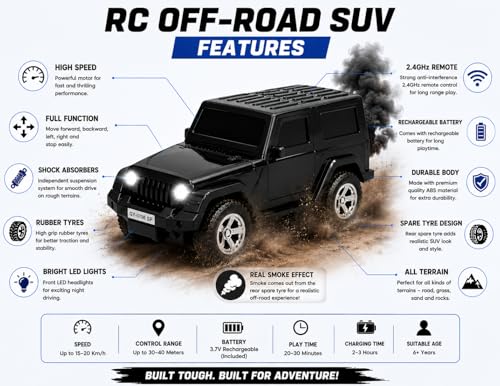 Image of RC Thar Car Toy with Smoke Feature, LED Headlights, 2.4GHz Remote Control, Rechargeable, Black, 20.5 CM, for Kids (Available in Two Colours)