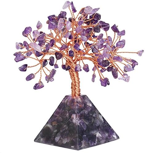SUNYIK Natural Amethyst Money Tree, Amethyst Pyramid Crystal Base Bonsai Sculpture Figurine 4.5 Inch