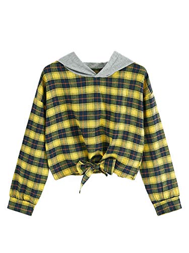 HUILAN Women's Long Sleeve Plaid Twist Front Sweatshirt Crop Top Hoodies Yellow L