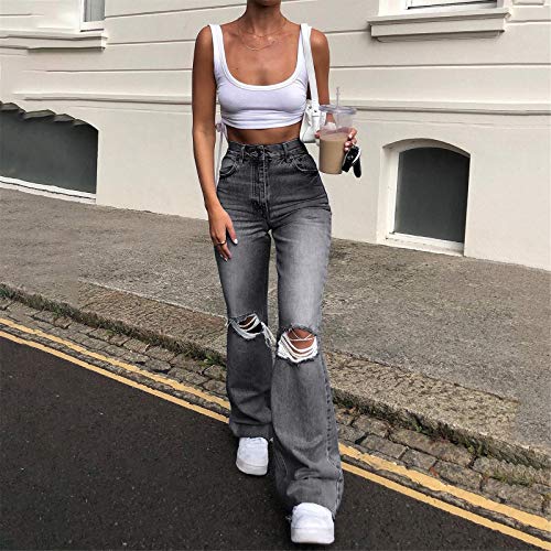 Womens Destroyed Flare Jeans Elastic Waist Bell Bottom Raw Hem Denim Pants Wide Leg Ripped Bootcut Jeans2