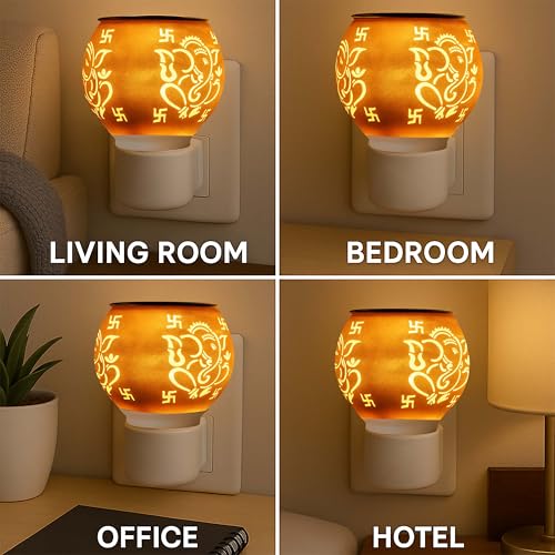 Image of Kapur Dani Camphor Electric Diffuser for Home Fragrance /Kapoor Dani Night Lamp Multi Functional Essential Oil Camphor Burner Diffuser Electrical with On /Off Switch (Ganpati & Swastik)