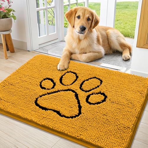 Image of Smiry Dog Door Mat for Muddy Paws, Absorbent Dirt Trapper Non Slip Quick Dry Washable Chenille Mat for Mud Dogs, Entry Rug for Indoor and Outdoor (36x24 Inches, Golden Yellow and Black)