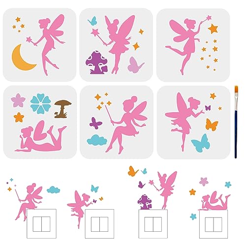 MAYJOYDIY 6pcs Fairy Craft Stencils 15×15cm Little Fairy Drawing Stencils Dreamy Mushroom Butterfly Moon Star Flower Fairy with Wings Template with Paint Brush Wall Art DIY Home Decor