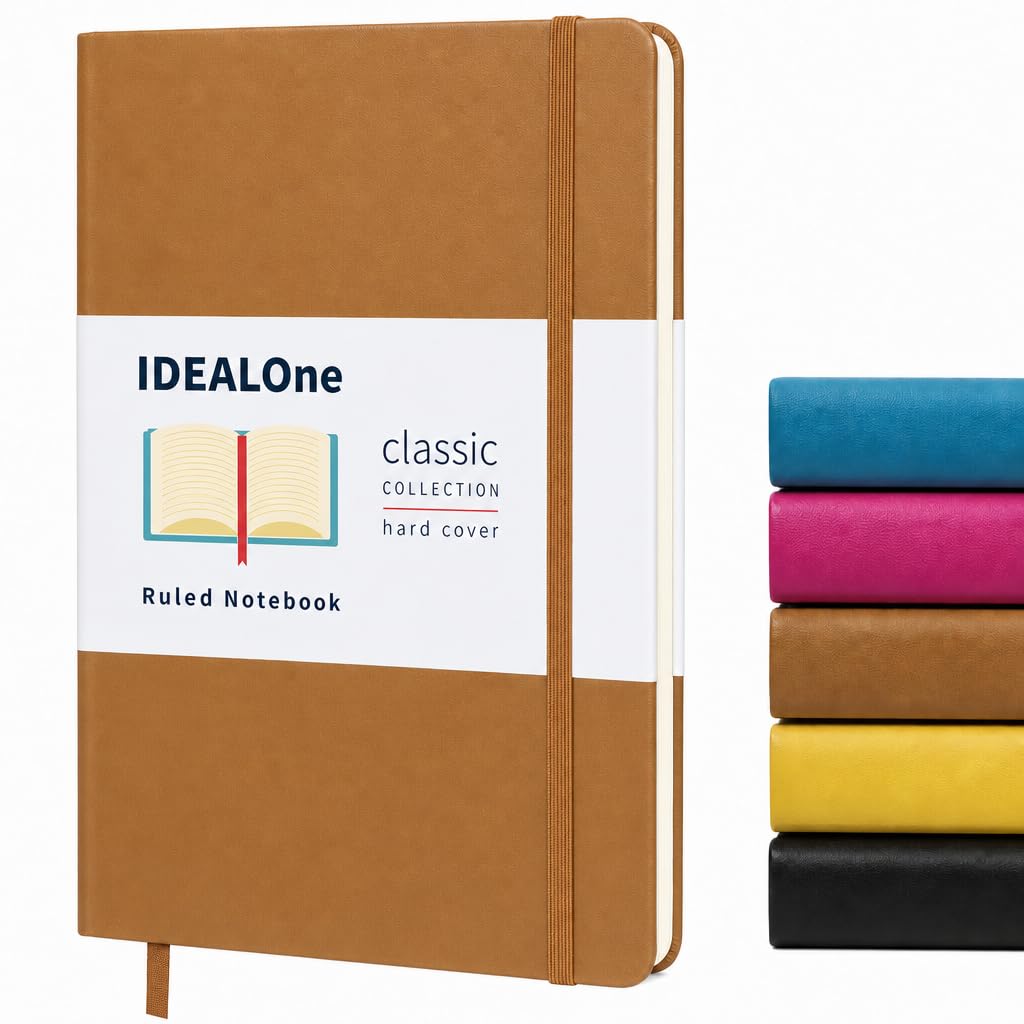 IDEALOne Dotted Classic Hardcover Notebook Journal – For Work, Home, School, 5.7 x 8 inches, 160 Pages, 100GSM, with Elastic Band Closure and Ribbon Bookmark (Brown, Single)