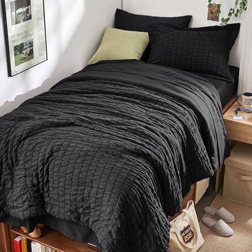 Image of HYMOKEGE Black Twin Comforter Set Seersucker 5 Pieces, All Season Luxury Bed in a Bag for Bedroom, Bedding Set with Comforters, Sheets, Pillowcase & Sham