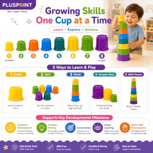 Image of PLUSPOINT Stacking Cups Baby Toy | 8-Piece Rainbow Nesting & Stackable Cups with Numbers | Montessori Educational Learning Toy for Babies 6-12 Months & Toddlers 1-3 Years