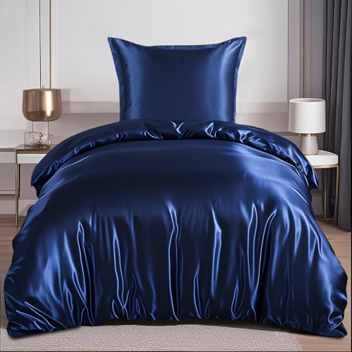 RUIKASI Satin Bettwäsche 140x200 Blau - Seidig Bettbezug mit Glanz wie Seiden Bettwäsche Set Dunkelblau für Haar und Haut, Glänzend Bettwäsche...