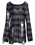 Peaceglad Womens Oversized Goth Punk Ripped Striped Long Sleeve Pullover Sweater Dress Tops, Gray, One Size