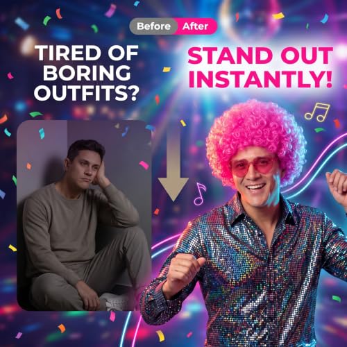 Image of FREE BEAUTY Hot Pink Afro Wig with Heart Sunglasses for Women Men, Colored Short Fluffy Curly Funny Party Afro Wigs 70s 80s Disco Hair for Disco Halloween Cosplay Costume Party Music Festival