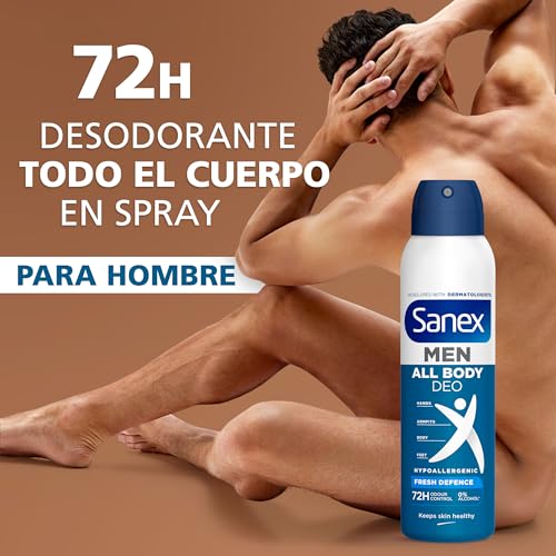 Miniatura 2 de Sanex Spray Men Todo el Cuerpo Deo Frescor Total 150ml, Desodorante Manos, Axilas, Cuerpo y Pies, 72H Protección contra Olor Clínicamente Probada, Hipoalergénico, Delicado con Piel (Paquete de 2)