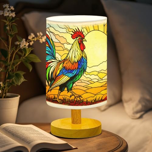 44memory Rooster Table Lamp LED 3-Color Pressed Bedside, Rooster Shade Lamp with Wood Base for Bedroom Living Room Desk Office TL01
