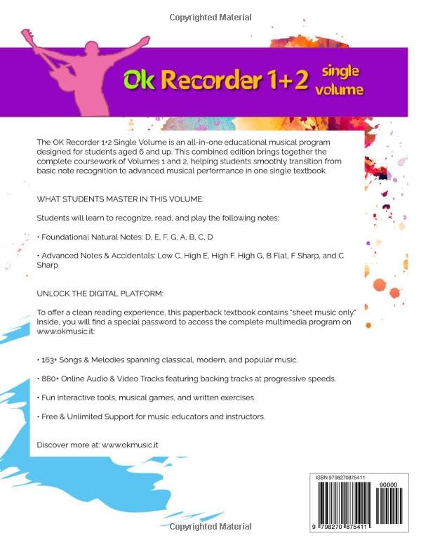 Ok Recorder 1+2 single volume - Didactic method to facilitate learning the soprano recorder at school (6+ years): 163 melodies from the ... at progressive speed (880 audio files) image 3