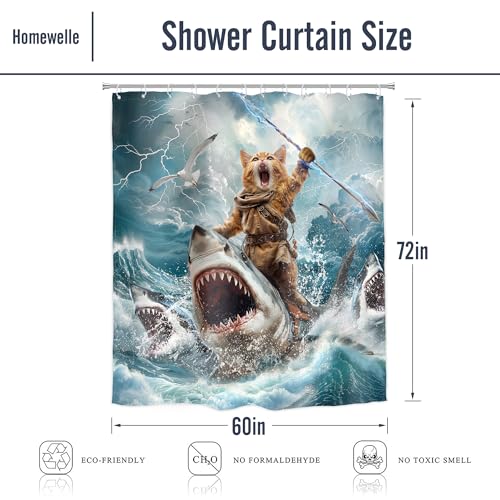 Image of Funny Cat Riding Shark Shower Curtain Ocean Waves 60Wx72H Inch Decor | Hilarious Surfing Cool Beach Blue Sky White Clouds Boys Men Waterproof Polyester Fabric Bathroom Bathtub with 12 Hooks