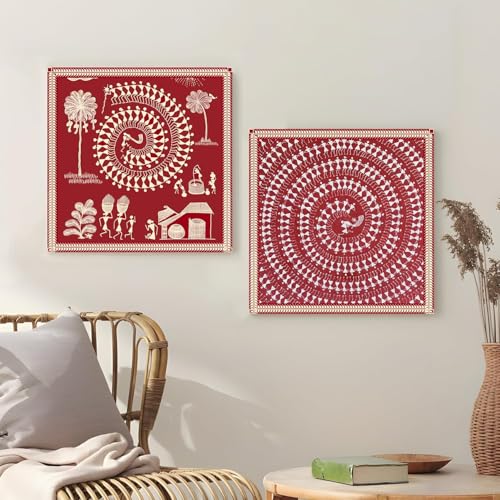 Image of Warli Tribal Canvas Wall Art Painting For Living Room, Traditional Village Life Folk Painting, Red Tribal Dance Floral Wall Art for Home and Office Decor, Set of 2, Size 12x12 inch