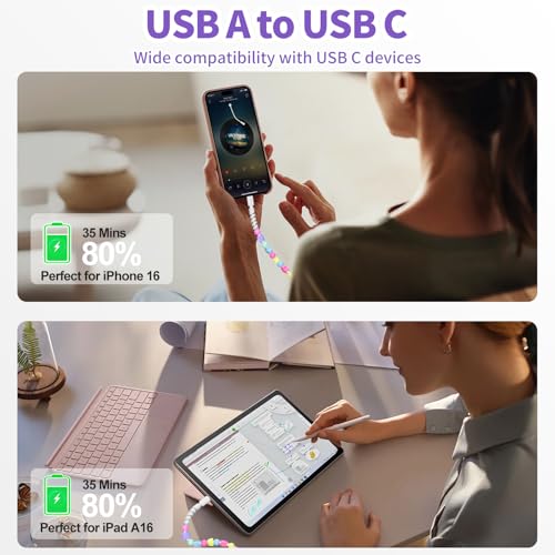 Image of VOFUOE USB C Cable for iPhone 17 Charging Cable Star Beads Charging Cord Extra Long 6.6FT Fast Charging USB A to Type C for Girls Women for iPhone 16 /15, for Galaxy S25, for iPad A16-Colorful