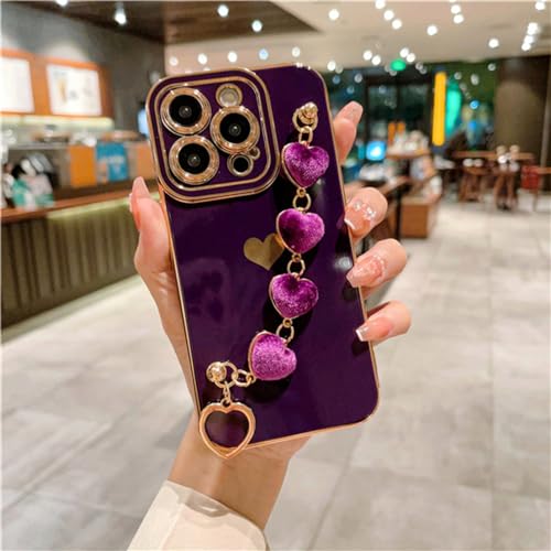 Cadre de placage carré pour iPhone 14 Pro étui violet de téléphone à chaîne bracelet ENILSA
