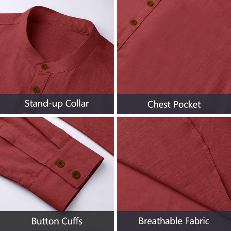 Image of Macsivo Cotton Blend Solid Casual Short Kurta for Men Long Sleeve Mandarin Collar Stylish Shirt Kurta for Men