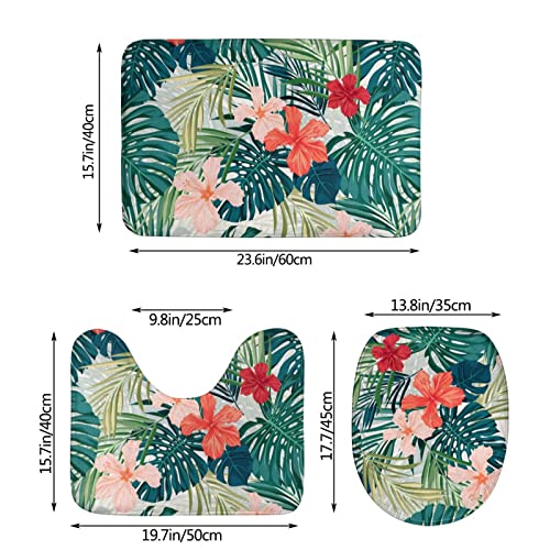 UBINYSS Badematte + Konturmatte + Toilettendeckelbezug, tropische Pflanzen Blumen 3 Stück Badematte Set, mit rutschfester Klebeunterseite – Bild 3