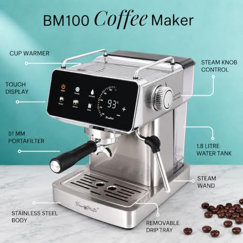 Image of BM100 Espresso Coffee Machine for Home & Office-20 Bar Cappuccino & Latte Maker with Milk Frother & Touchscreen Display |Coffee Maker Machine,1350W, 1.8L Tank | BIS Certified,Made in India