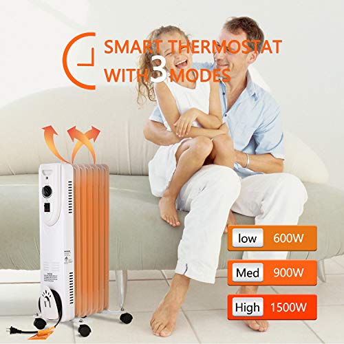 outdoor basic Electric Oil Filled Radiator Heater with Adjustable Thermostat 700W/1500W Portable Space Heater Tip Over and Overheating Protection for Home & Office,White