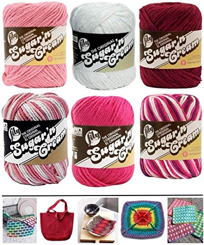 Variety Assortment Lily Sugar'n Cream Yarn 100% Cotton Solids and Ombres (6-Pack) Medium #4 Worsted Bundle Includes 5 Lily Patterns