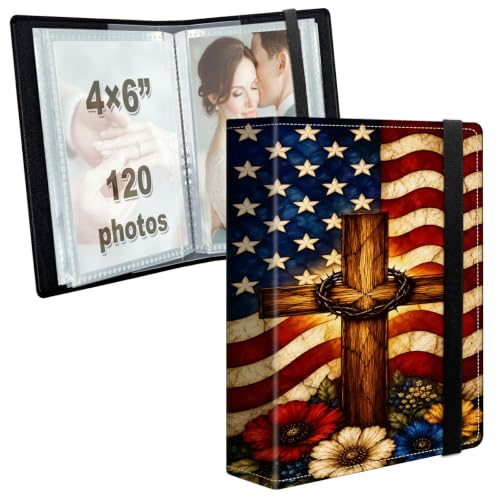 Image of Photo Album 4x6 120 Photos with Strong Elastic Band, Stained Glass Flag | Large Capacity Premium Leather Picture Album, Portable Wallet Albums Photo Book for Family Anniversaries Wedding Baby