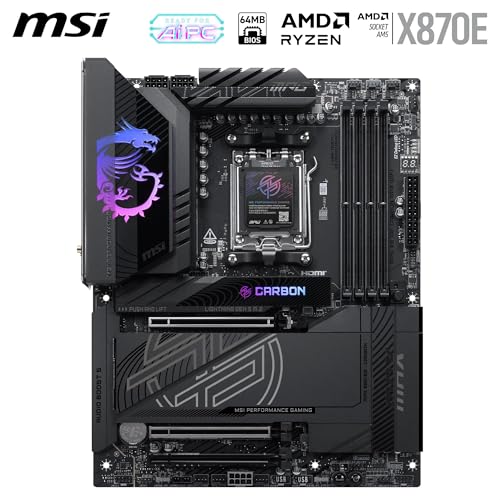 Image of MSI MPG X870E Carbon MAX WiFi Motherboard, ATX - Supports AMD Ryzen 9000 /8000 / 7000 Processors, AM5-64MB BIOS ROM, 110A SPS VRM, DDR5 Memory Boost 9000+MT /s (OC), PCIe 5.0 x16, M.2 Gen5