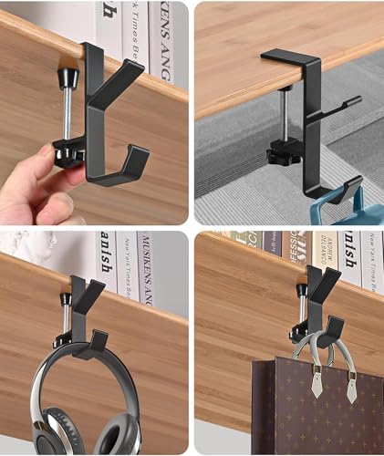 Image of Headphone Stand, Dual Hook Headphone Holder for Desk with Table Clamp, Under Desk Headset Stand Bag Hanger for Gaming and Office Setup, WhiteAlloy Construction