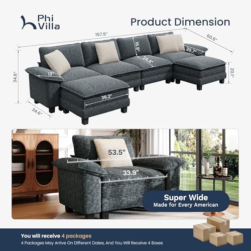 Image of PHI VILLA Cloud Modular Couch Sets, 157.5 inch Oversized Sectional Sofa with U-Shaped Chaise, 6-Seater Couches with Movable Ottomans for Living Room, Chenille Dark Cyan