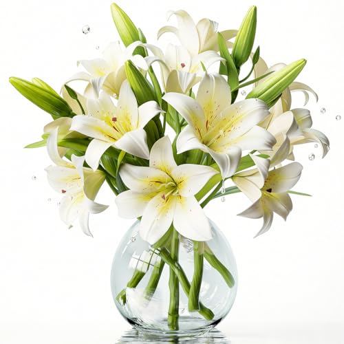 Uven Traoqq 18 Artificial Lily Flowers with 12 Heads Fully Bloomed Lilies and 6 Buds Short Stem Tiger Lily Artificial Flowers for Home Hotel Flower Arrangement Party Decor (White)