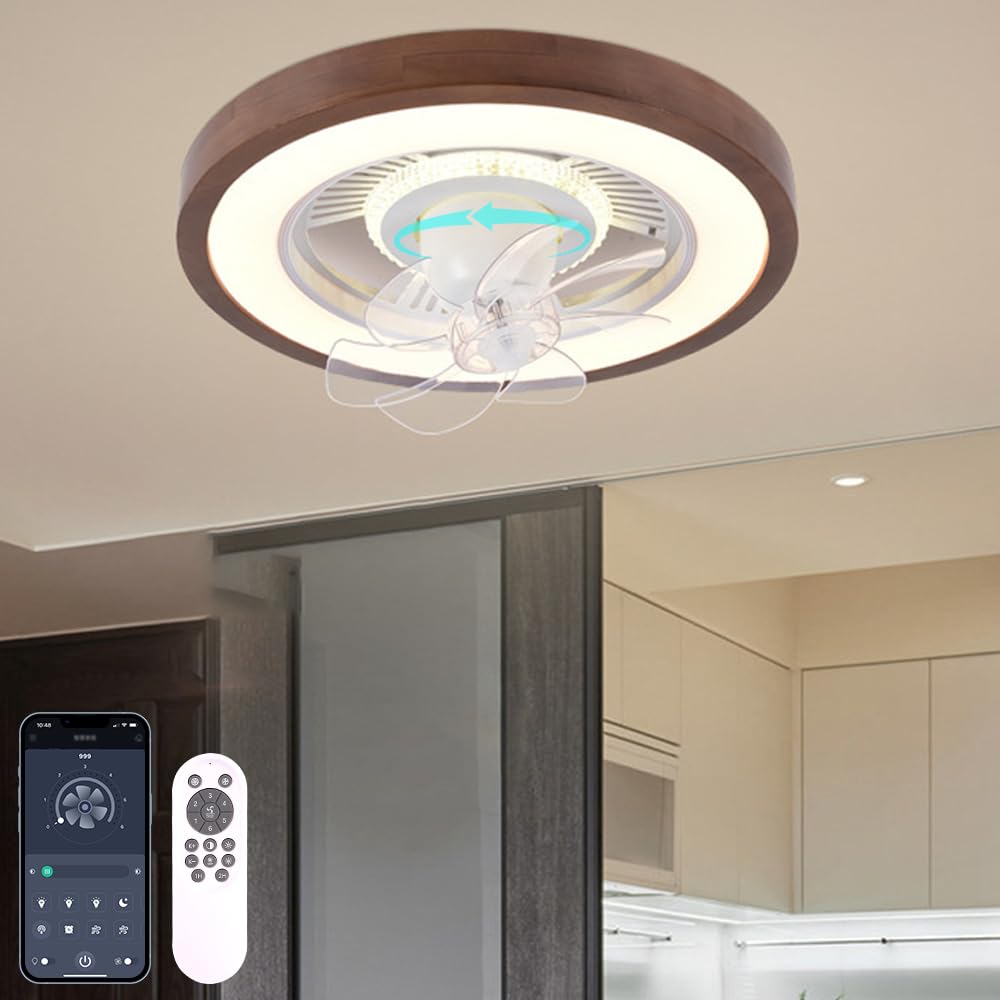 Photo 1 of 20'' Ceiling Fan with Lights, Low Profile Ceiling Fan with Remote Control and Timing, 3 LED Dimmable Colors 6 Speeds Oscillating Bladeless Flush Mount Ceiling Fan for Bedroom Livingroom Kitchen Wood