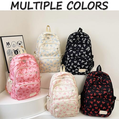 Bow Backpack for Girls, Trendy Nylon Rucksack, Cute Preppy Bag Floral Printed Kawaii Backpack 3 PCS Set (Red)3