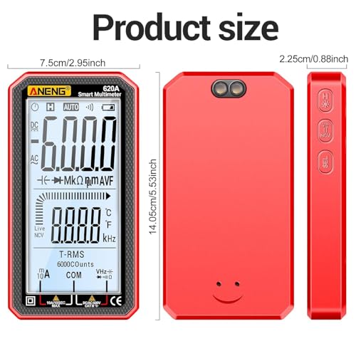 Image of Digital Multimeter Tester, Smart Multimeter with Auto Ranging Digital Voltmeter Measures Voltage Current Resistance Continuity Capacitance Temperature for Electricians,DIY (620C Red)