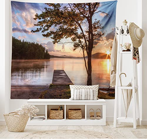Ambesonne Seascape Tapestry, Shore of Seventh Lake Tree Sunbeam at Sunset Water Reflection Tranquility, Wide Wall Hanging for Bedroom Living Room Dorm, 80