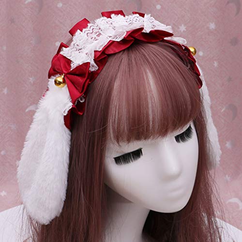 KAMONDA Tiara de cabelo Lolita com babados e laço para cosplay, orelhas de coelho e sino