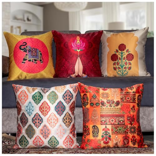Image of Decorative Satin Sofa Cushion Covers Set of 5, 16 x 16 Inches, Multicolor Floral Printed Pillow Covers for Living Room, Bedroom, Couch & Sofa, Soft Glossy Fabric, Zipper Closure