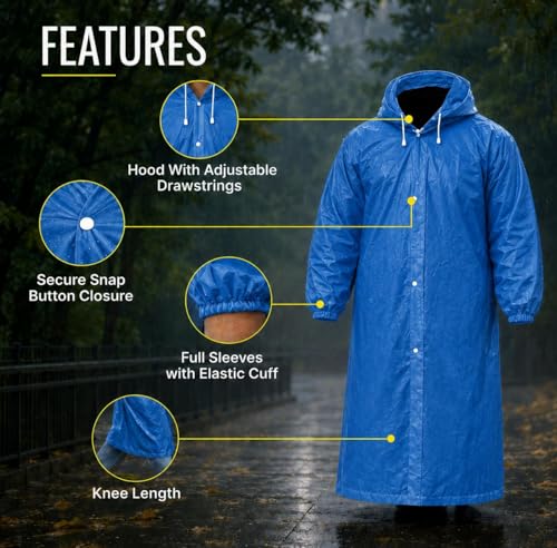Image of EVA Raincoat for Men & Women, Black, Waterproof, Hooded with Adjustable Drawstrings, Knee Length, Reusable (Blue)