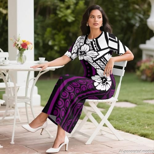 Image of Puletasi Polynesian Tribal Clothing Two Piece Skirt Set for Women Outfits Short Sleeve Top High Waist Midi Skirt