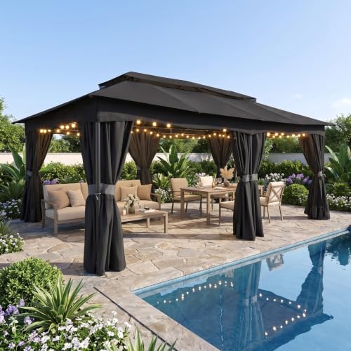 Image of COBIZI 12x20 FT Gazebo Outdoor with Curtains, Heavy Duty Soft Top Gazebo Canopy with Double Roof, Large Metal Frame Gazebos for Patio, Backyard and Deck (Black)