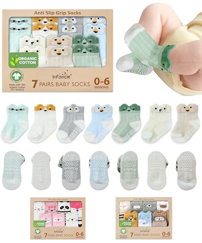 Infancie Organic Cotton GOTS Certified Non-Slip Baby Socks 0-6 Months - 7 Pairs Soft Breathable Newborn Socks BoysGirls,Animal Design Infant Socks Gift for Baby Registry, Newborn Essentials Must Haves