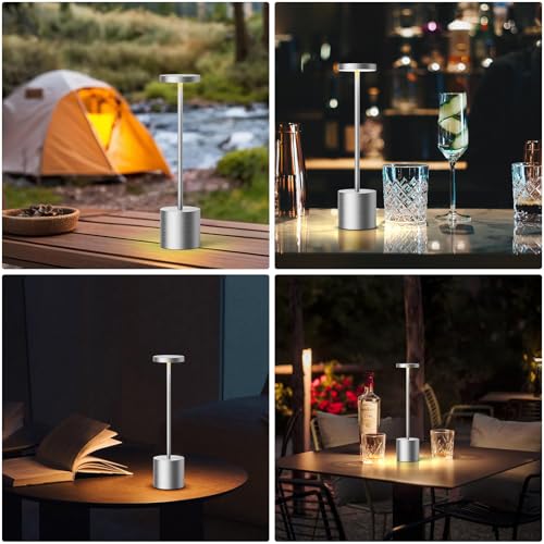 SAKRINGT Cordless Table Lamps Rechargeable,6000mAh Portable Battery Operated LED Table Light for Restaurant Outdoor Silver