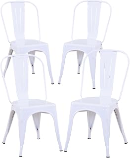 Juego de 4 Sillas de Comedor de Metal Apilables, Estilo Vintage Industrial, Apto para Uso en Interiores y Exteriores, Silla de Jardín en Casa, Blanco