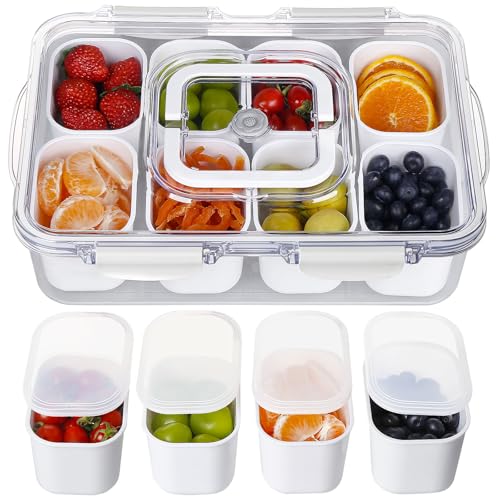 Portable Snack Box Container with Inner Lids, 8 Compartments Serving Platters and Trays with Lid and Handle, Divided Travel Snack Container for Fruits, Candy, Charcuterie, Nuts, Dishwasher Safe