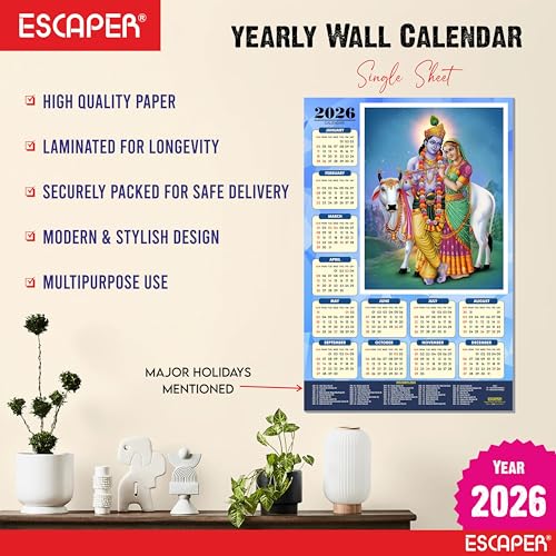 Image of ESCAPER Shree Krishna Wall Calendar 2025 (45 x 30 cm) - Radha Krishna Wall Decor, Laddu Gopal Photo, Bal Krishna Wall Calendar 2025, Religious Wall Calendar 2025, Bal Gopal Photo