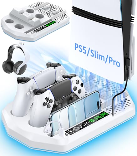 Image of Cooling Station with Controller Charger for PS5 /Slim /Pro, PlayStation 5 Vertical Stand for Disc & Digital Console, Dual PS 5 Controller Charging Station with 3 Level Cooling PlayStation 4 Chargers