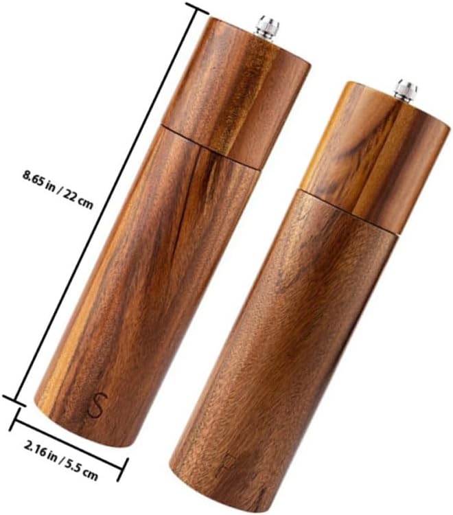 Manual Acacia Wood Pepper Grinder with Ceramic Burr, 8-inch Handheld Salt and Pepper Mill Set for Kitchen and Dining, Multi-functional Spice Grinder in Box