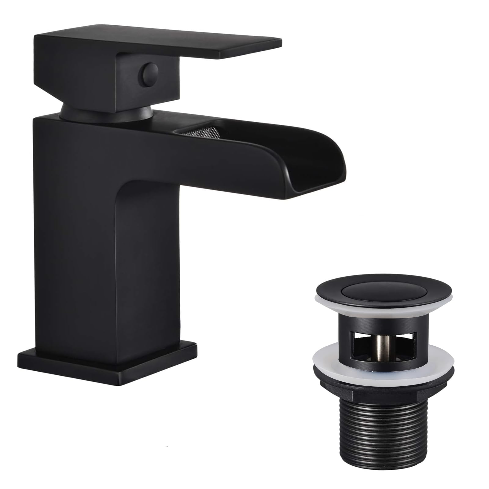 Basin Mixer Taps Black Square with Slotted Pop-up Waste Waterfall Bathroom Sink Tap Brass Single Lever G1/2’’ with Hoses Semi-Open Hot and Cold Water Mixers Monobloc Modern