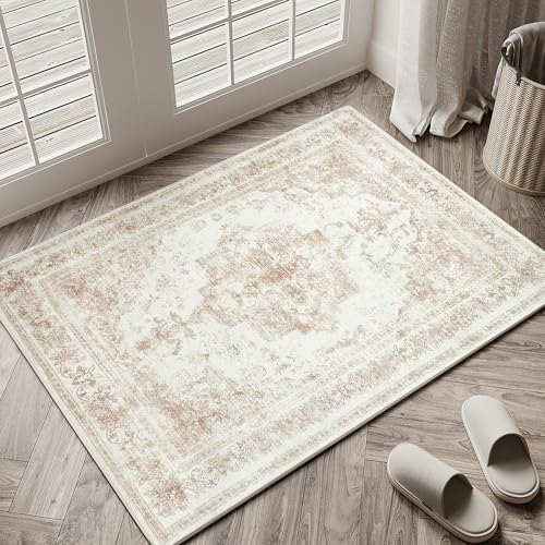 HUGEAR Vintage Creme Waschbarer Teppich im Eingangsbereich 60x90cm fußmatte badezimmerteppich Weich rutschfest Retro Kleiner Tepich Kurzflor Bad Schlafzimmer Carpet Bedroom
