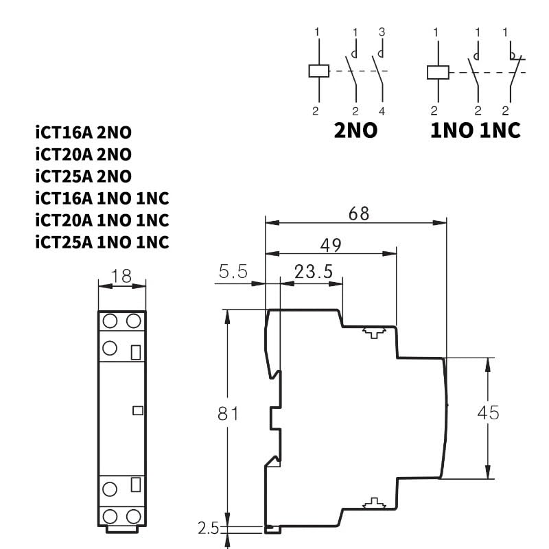 Modułowy stycznik domowy 220 V 2P 16 A 20 A 25 A 2NC 2NO 1NO 1NC 50/60 Hz (ICT16A 1NO 1NC)